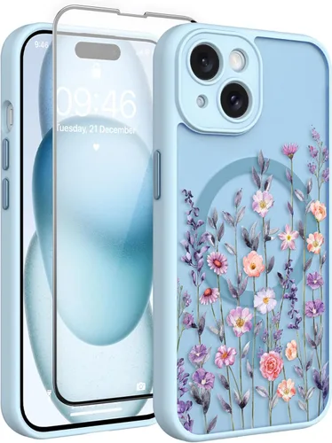 Vista 40 de Magnético para iPhone 13 con protector de pantalla [Compatible con MagSafe] Diseño de patrón floral de flores bonitas, funda delgada a prueba