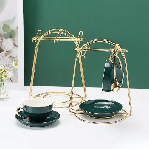 Vista 4 de Soporte de exhibición de taza de té y platillo, soporte de metal para tazas de té, soporte para tazas de té, organizador de tazas de café dorado