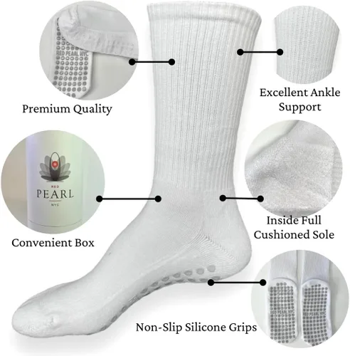 Vista 2 de Red Pearl NYC Calcetines antideslizantes para yoga, pilates, barre, fitness, 4 pares, unisex, Blanco