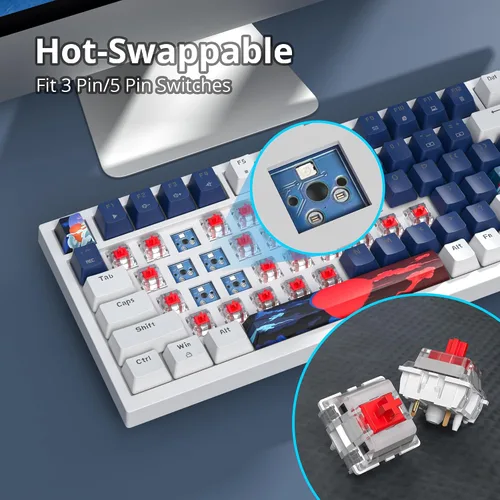 Vista 3 de Guffercty kred 75% de soporte de junta de teclado con cable azul, teclado mecánico RGB intercambiable en caliente programable con perilla