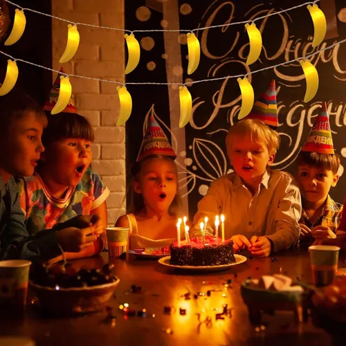 Vista 2 de Cadena de luces LED de 3 m con 20 bombillas, en forma de plátano, funciona con pilas, para iluminación interior y exterior, para bodas, hogar, Banana