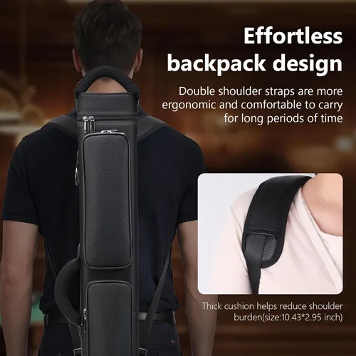 Vista 6 de Estuche para taco de billar de 3 x 5 – Funda rígida de piel sintética con doble correa para el hombro y 3 bolsillos, funda duradera para taco