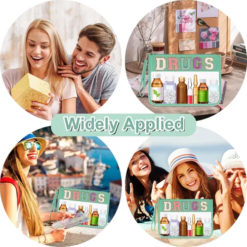 Vista 7 de Iqimott Bolsa de parche de felpilla con letras MEDS transparente, bolsa de maquillaje portátil de preparación para mujeres y niñas, viajes, bolsa