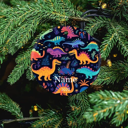 Vista 5 de Adorno colorido con patrón de dinosaurio de 3 pulgadas, adorno de Navidad de cerámica de 3 pulgadas, bonito adorno de Navidad de dibujos animados
