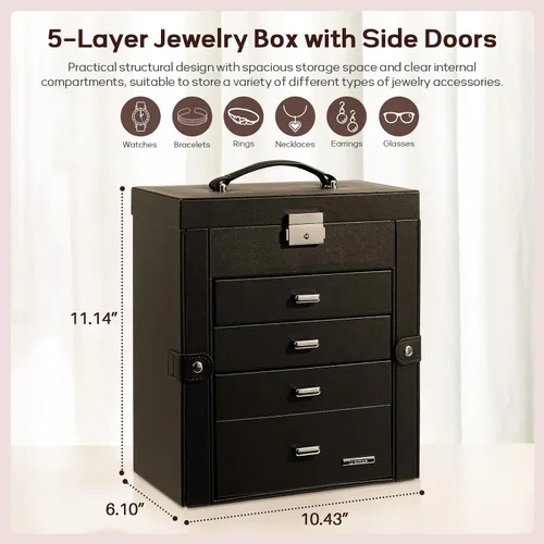 Vista 2 de Homde Caja de joyería enorme de cuero sintético Organizador de reloj con espejo Collar Anillo Pendiente Almacenamiento Caja de regalo con cerradura