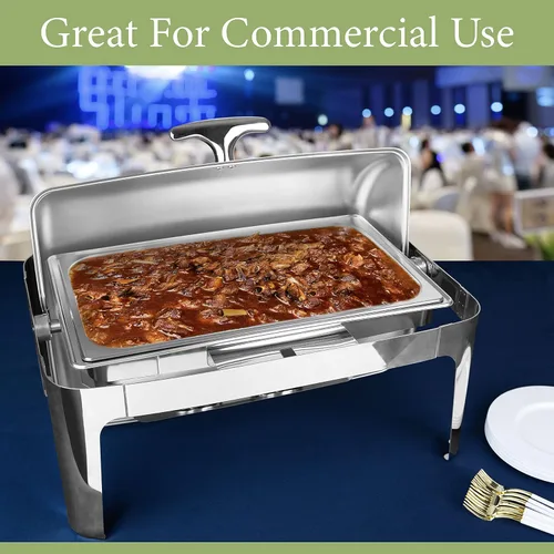 Vista 2 de Deluxe - Plato rectangular de acero inoxidable de 8 cuartos de galón con bandeja para alimentos, bandeja de agua y soportes para combustible