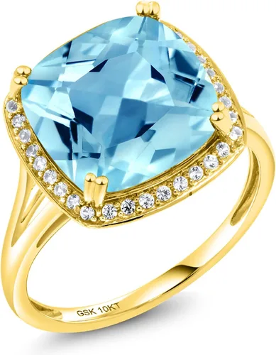 Vista 2 de Gem Stone King Anillo de oro amarillo de 10 quilates con topacio azul suizo y zafiro blanco creado para mujer