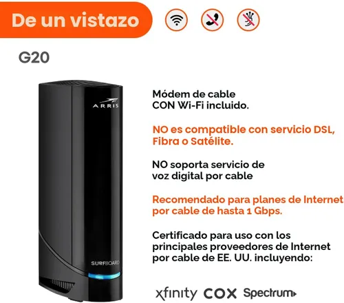 Vista 2 de ARRIS (G20) - Combo de Router de Módem de Cable - WiFi 6 (AX3000) DOCSIS 3.1 Multi-Gigabit Rápido, Aprobado para Comcast Xfinity, Cox, Spectrum