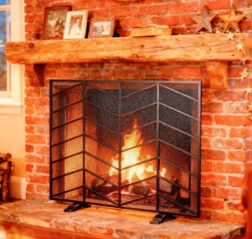 Vista 11 de Fire Beauty Panel único de chimenea de hierro forjado con malla de zigzag, protector contra chispas de fuego para sala de estar, decoración
