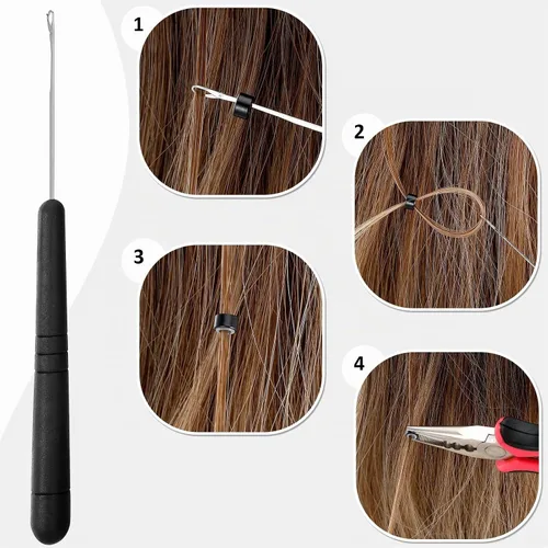 Vista 4 de Kit de herramientas de extensión de cabello, 600 micro anillos forrados de silicona, 1 alicate, 2 bucles de tracción de aguja de gancho, 10 agujas