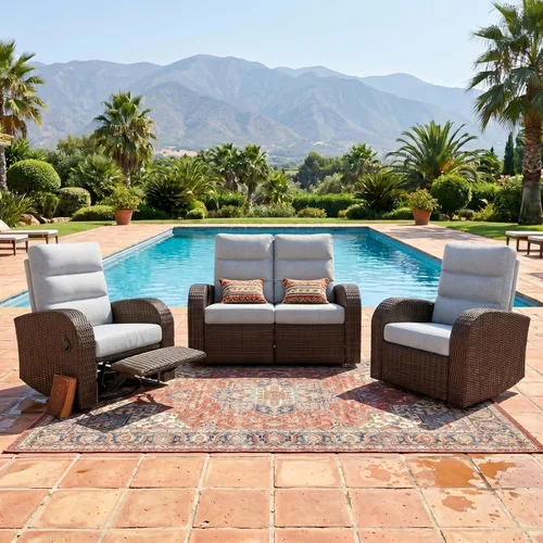 Vista 23 de LayinSun Sillón reclinable giratorio de mimbre de gran tamaño con respaldo ajustable y reposapiés, sillón reclinable para patio Gris