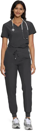 Vista 9 de floralhue Conjunto de ropa quirúrgica para mujer con cuello en V y Negro