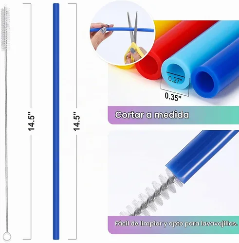 Vista 7 de Paquete de 12 popotes extralargos de 36.8 cm de silicona reutilizables para jarras Stanley de 40 oz, 1 galón, 128, 75, 64 OZ, botella grande de agua