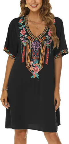 Vista 4 de Grosy Vestidos campesinos mexicanos bordados para mujer, vestido bohemio de fiesta de talla grande para mujer, túnica bohemia floral tradicional