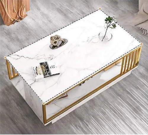 Vista 7 de Gdrasuya10 Mesa de centro moderna de mármol sintético blanco, mesa de centro de madera de 2 niveles con marco dorado, mesa central de TV, mesa