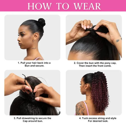 Vista 6 de Extensiones de cabello rizado con cordón para mujeres negras, 16 pulgadas de largo, sintético, afro, esponjoso, en capas, extensión de cola