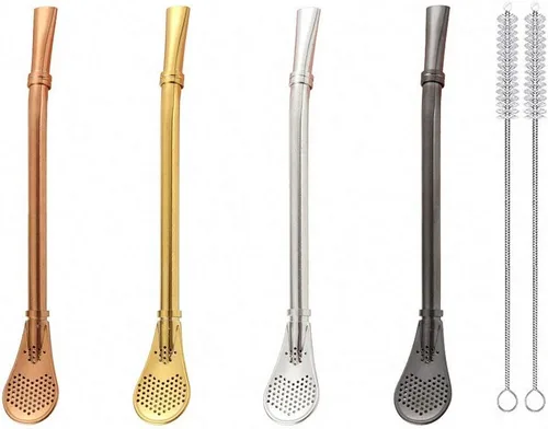 Vista 18 de 7 popotes de metal para beber con 2 cepillos de limpieza de 8.5 pulgadas, cuchara de barra reutilizable para café helado, bebida congelada, batidos