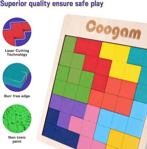 Vista 8 de Coogam Rompecabezas de madera con patrón de bloques de cerebro juego con 60 desafíos, juguete de construcción ruso 3D de madera en forma de tangram