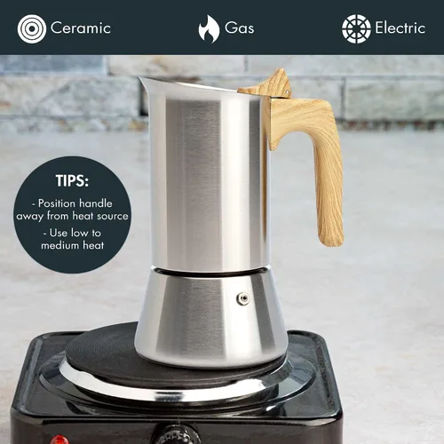 Vista 5 de Primula Cafetera y cafetera de acero inoxidable de alta calidad, olla moka para café clásico italiano, 6 tazas, mango de aspecto de madera