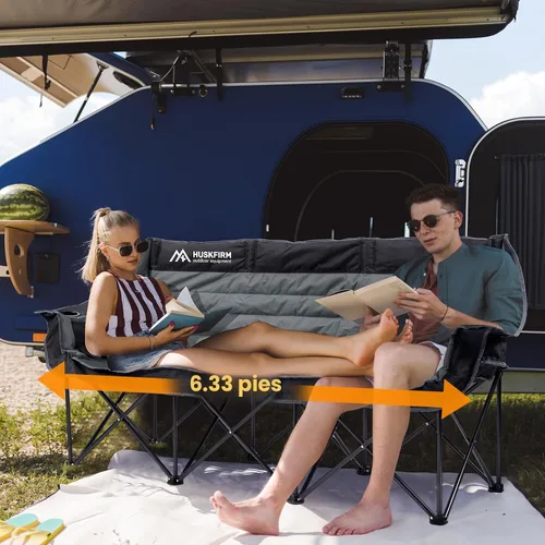 Vista 2 de Huskfirm - Sillas de campamento plegables para 3 personas, para adultos, color negro Silla de camping de gran tamaño acolchada resistente