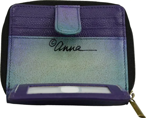 Vista 3 de Anna by Anuschka Cartera organizadora con cremallera de cuero genuino pintada a mano para mujer - familia elefante, Familia de elefantes, Cartera