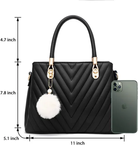 Vista 3 de Bolsos de cuero de moda para mujer, bolsos acolchados con asa superior, bolso de hombro para mujer con pompón