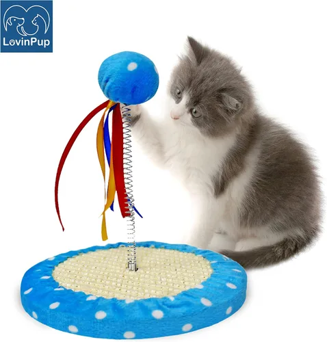 Vista 2 de Pequeño árbol de juguete rascador para gatos con pelota – Juguetes para gatos rascadores de interior con cintas coloridas + base duradera – Juguetes