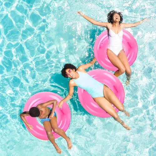 Vista 5 de FYSUIMU 4 flotadores inflables para piscina con asas, anillos de natación rosa transparente, tubos de piscina para adultos, adolescentes, piscina