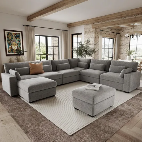 Vista 10 de Sofá modular de 146.5 pulgadas, sofás extra profundos en forma de U para sala de estar, sofá de felpilla de 4 asientos con patas de madera, otomana
