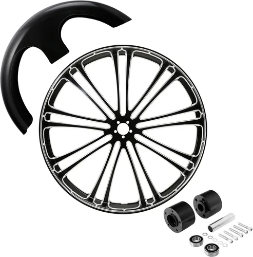 Vista 45 de TCMT Llanta de rueda delantera de 21", buje de rueda de brida de doble disco con guardabarros delantero negro sin pintar, compatible con modelos