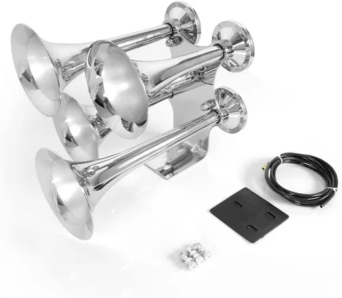 Vista 5 de Bocina de tren para camión, 12V/24V, grandes bocinas de aire cromadas de 150 dB, 3 trompetas, bocina fuerte para camión, coche, tren y barco