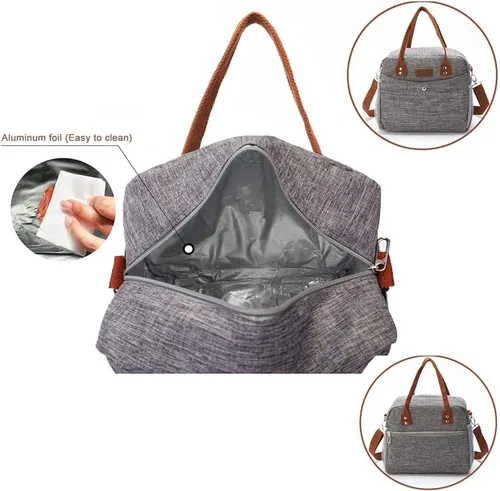 Vista 4 de Bolsa de almuerzo para mujer, bolsa de almuerzo impermeable con correa de hombro ajustable, trabajo (gris)