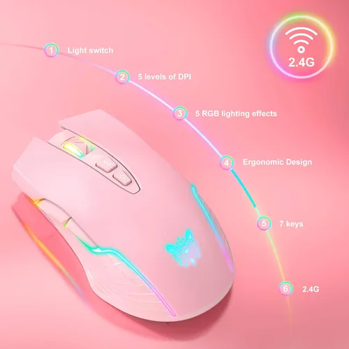 Vista 2 de SIMGAL Ratón inalámbrico RGB para juegos, rosa, recargable, diseño ergonómico, DPI ajustable, compatible con Windows, Mac