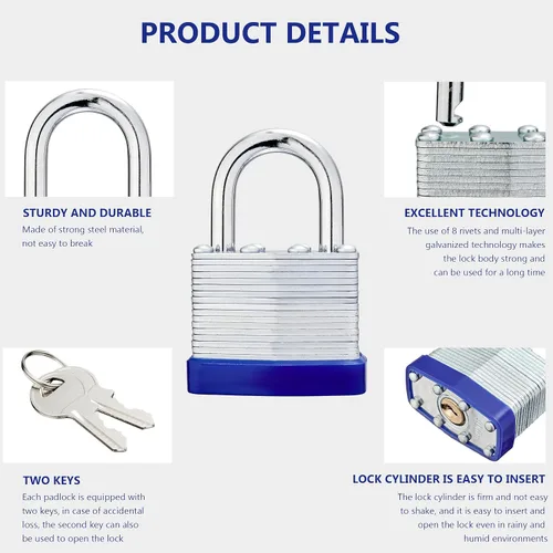 Vista 5 de Lock Candados para exteriores, candado laminado con llave, cuerpo ancho de 1-9/16 pulgadas, juego de candados con llaves (paquete de 12)