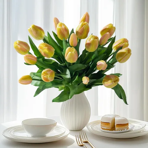 Vista 10 de Bailikang 20 piezas de tulipanes artificiales, flores de seda de tulipanes falsos, ramo artificial de PU, flores artificiales de imitación con caja