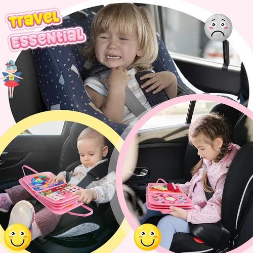 Vista 4 de URMYWO Tablero de actividades Montessori para niños de 1, 2, 3, 4 años, libro ocupado para actividades para niños con habilidades motoras finas, Rosa