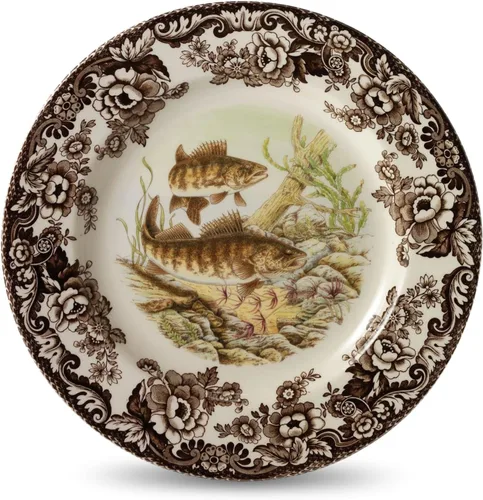 Vista 12 de Spode Woodland Bass Plato de Ensalada - 8" Loza Fina, Hecho en Inglaterra, Diseño de Pez de Caza con Borde de Flores Británicas para Ensaladas