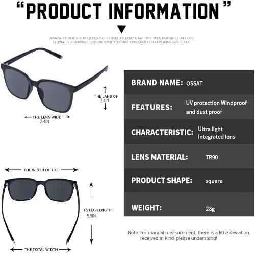 Vista 3 de Gafas de sol cuadradas de plástico para hombre y mujer de color negro con diseño retro 100 de protección UV