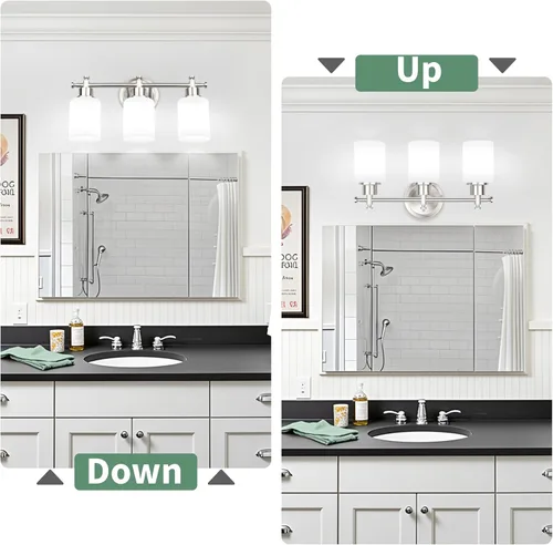 Vista 5 de Accesorio de lámpara de tocador de baño de 3 luces, lámpara compacta de níquel cepillado con pantallas de vidrio esmerilado blanco para espejo