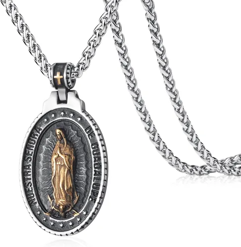 Vista 14 de Collar de San Cristóbal/Jorge/Miguel/Jesús/María para Hombre, Medallón de Santos Patrones, Joyería de Acero Inoxidable