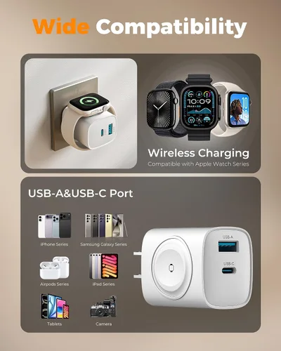 Vista 7 de Bloques de carga para Apple Watch, bloque de carga PD 20W USB C 3 en 1 con carga inalámbrica inteligente incorporada para reloj inteligente Blanco