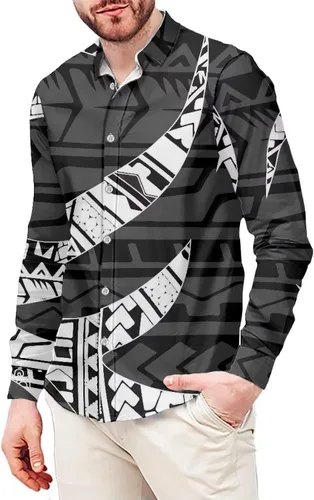 Vista 19 de Camisa polinesia con botones para hombre, Aloha Samoan, patrón tradicional, manga larga, camisa hawaiana para hombre, talla grande, casual
