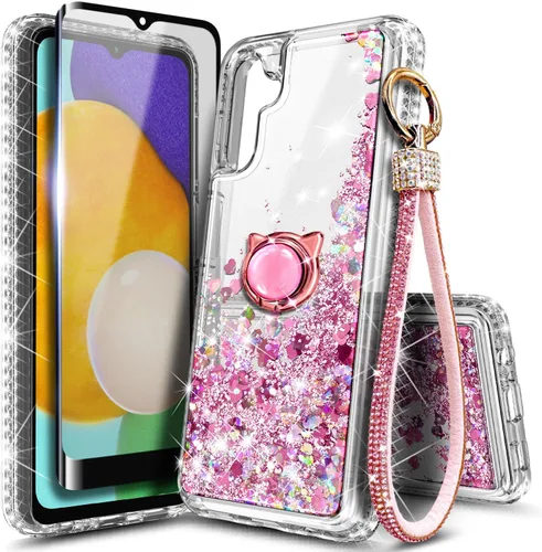 Vista 19 de Funda compatible con Samsung Galaxy S24-FE Aqua/Purple Funda líquida flotante con purpurina linda con protector de pantalla de vidrio templado