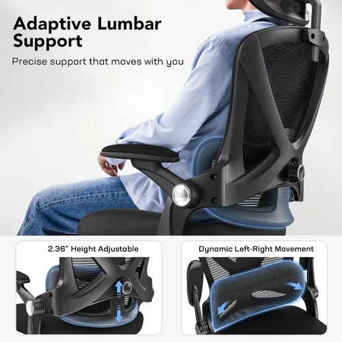 Vista 5 de HUANUO HNOC13 - Silla de oficina ergonómica, silla de escritorio de respaldo alto con soporte lumbar hacia arriba y abajo, reposabrazos abatibles
