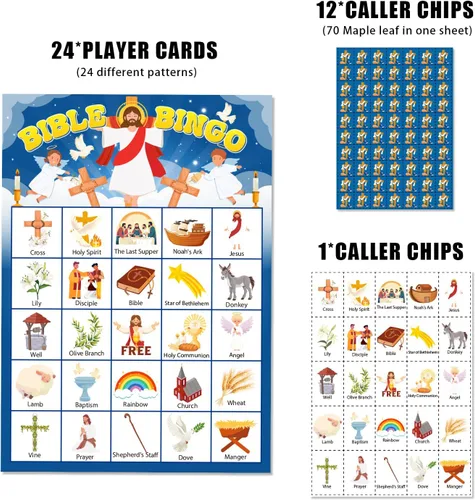 Vista 3 de Juego de bingo bíblico para 24 jugadores, juego de bingo para adultos, actividad de la iglesia dominical cristiana de Jesús, suministros