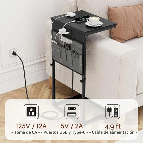 Vista 7 de Vagusicc - Mesa auxiliar en forma de C con estación de carga, mesa lateral de altura ajustable para sofá, mesa pequeña para sofá con laptop