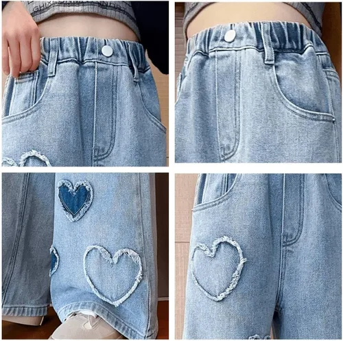 Vista 3 de Pantalones de mezclilla holgados para niñas y niñas, pantalones de mezclilla casuales de pierna ancha y cintura alta, talla 5-14 años