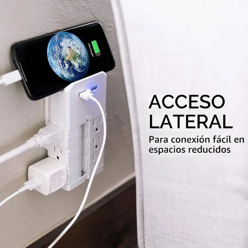 Vista 6 de GE - Extensor de 6 tomas con salidas giratorias, 2 puertos USB, enchufe de pared con toma de tierra, estante para dispositivos incorporado