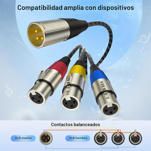 Vista 3 de J&D Cable divisor XLR, chapado en oro de 3 pines, adaptador XLR de 1 macho a 3 hembra, cable de micrófono equilibrado para mezclador, AMP
