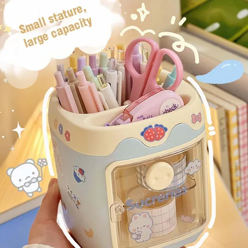 Vista 4 de MLAFE Kawaii Portalápices de Cerdo Lindo Cubo de Almacenamiento de Cosméticos Kawaii Cubo de Almacenamiento Multifuncional Cubo de Papelería de Azul